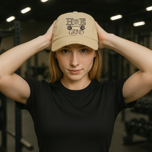 Humble Hustle Grind Barbell Distressed Baseball Cap