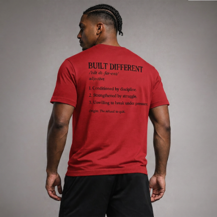 Man wearing a red t-shirt with text on the back against a gray background