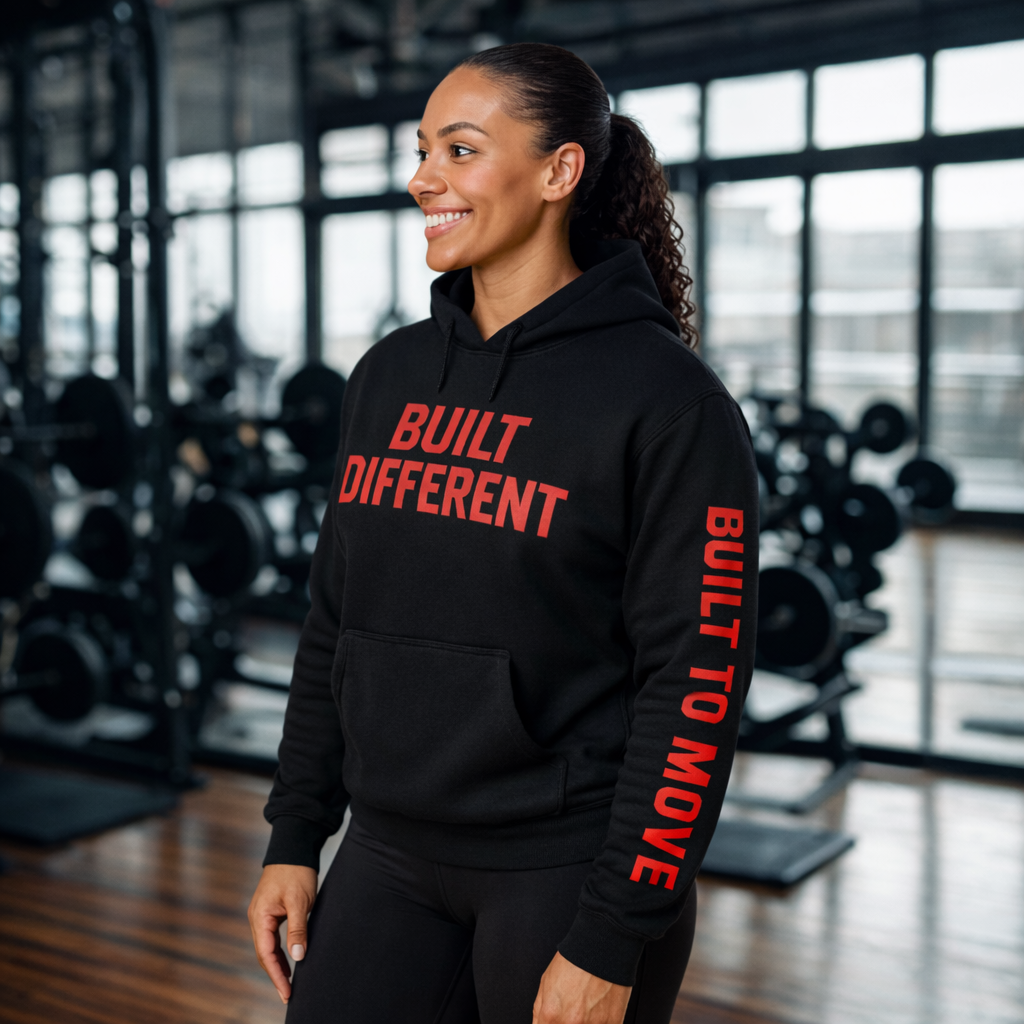 Woman wearing a black hoodie with red text in a gym setting