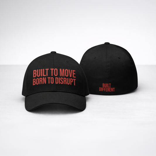 Two black caps with red text on a white background