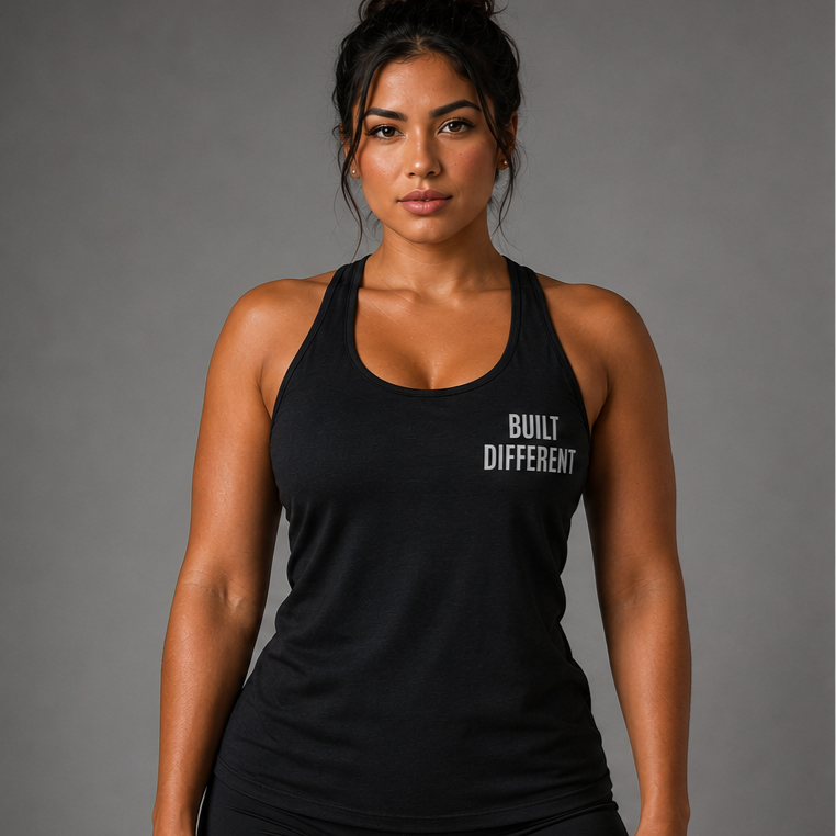 A woman modeling a black athletic tank top with white text reading 'BUILT DIFFERENT' on the chest, paired with black athletic shorts, against a solid gray studio background.