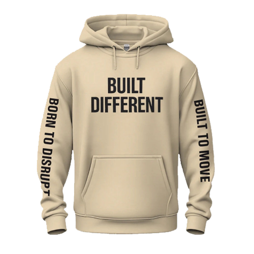 Beige hoodie with text 'BUILT DIFFERENT' on a white background