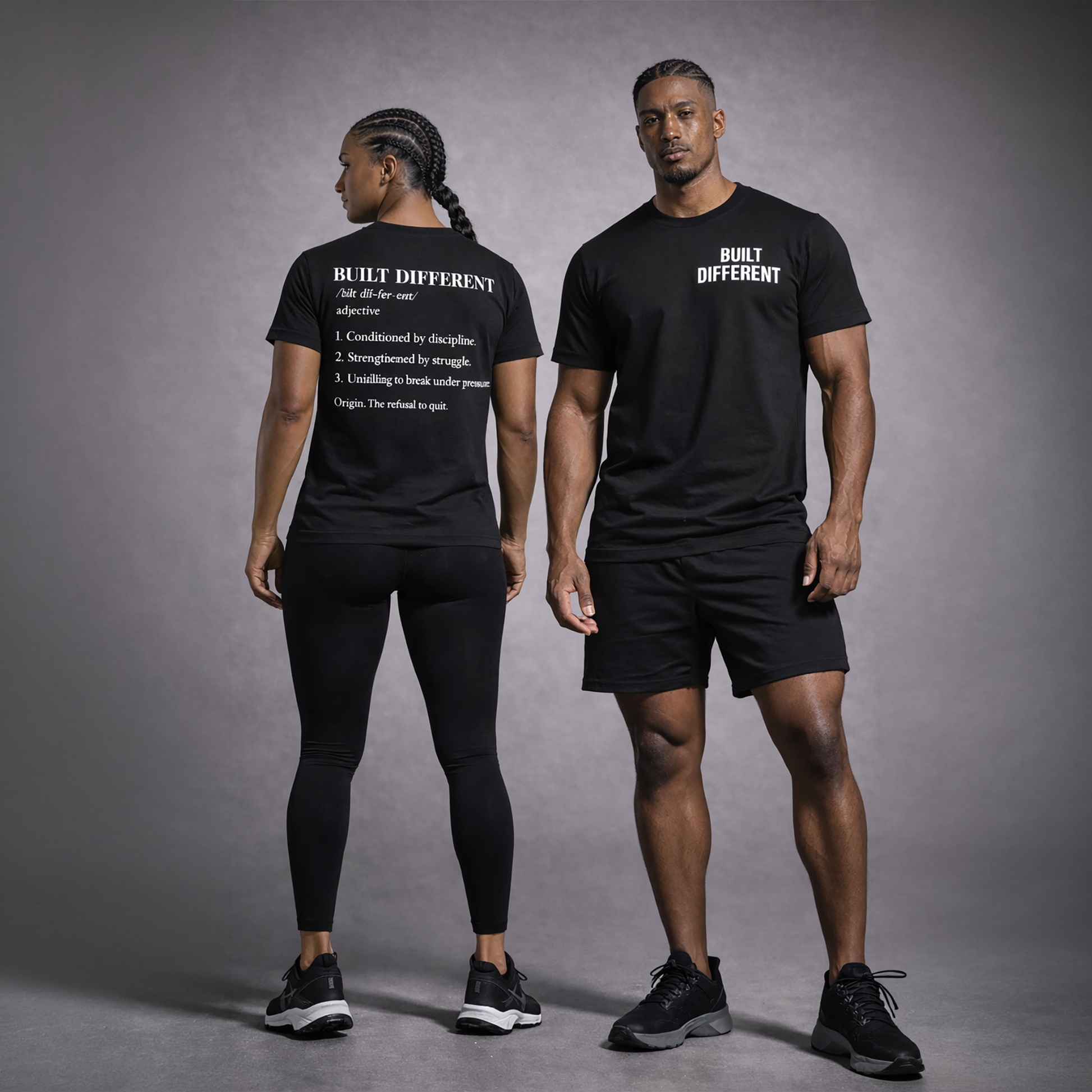 Two people wearing black t-shirts with 'Built Different' text on a gray background