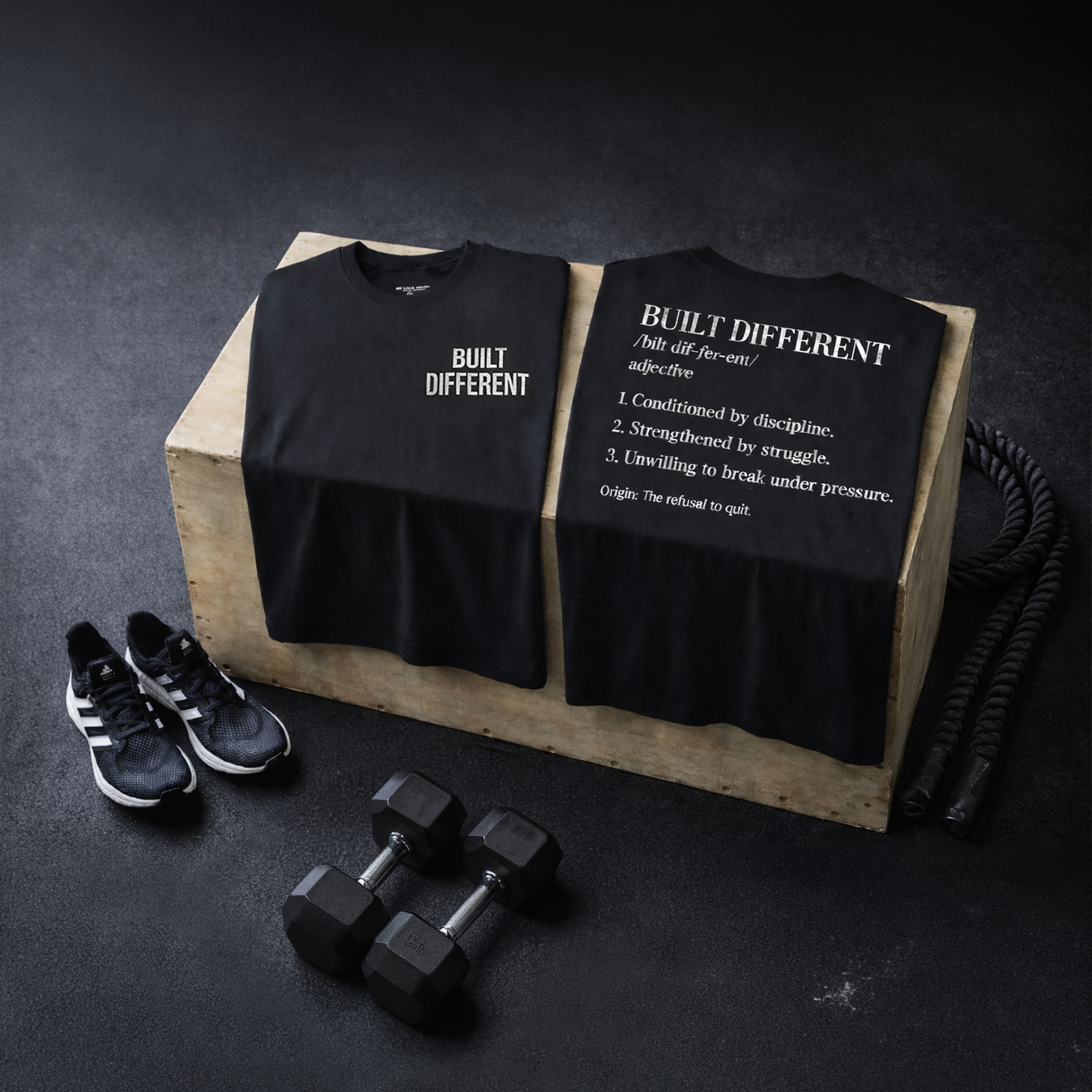 Two black t-shirts with 'Built Different' text, sneakers, dumbbells, and a rope on a dark surface.