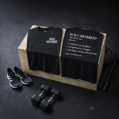 Two black t-shirts with 'Built Different' text, sneakers, dumbbells, and a rope on a dark surface.