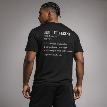 Man wearing a black t-shirt with text on the back against a gray background