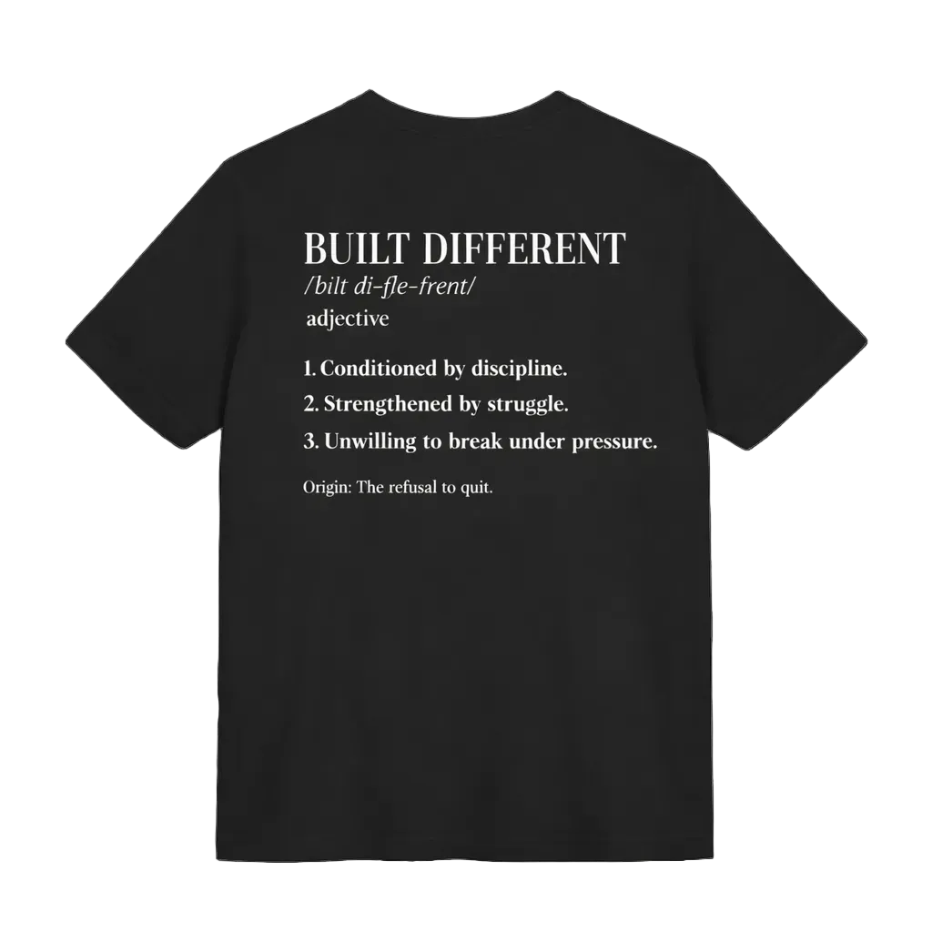 Black t-shirt with white text on a white background