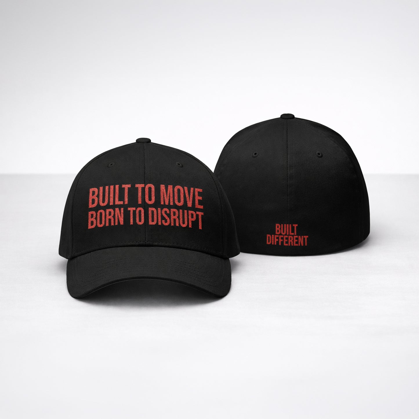 Two black caps with red text on a white background