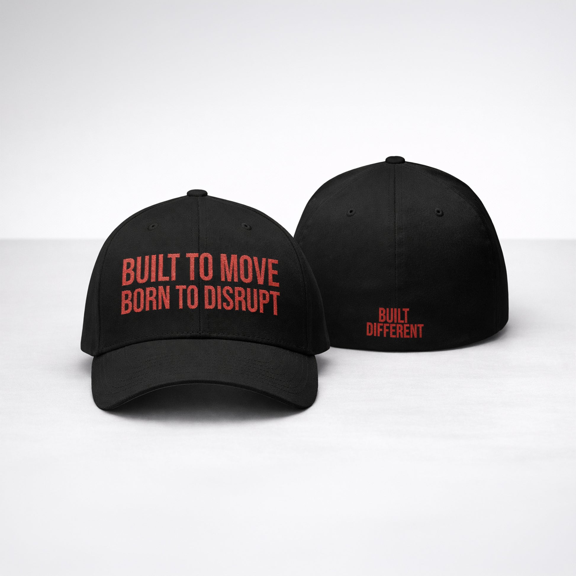 Two black caps with red text on a white background