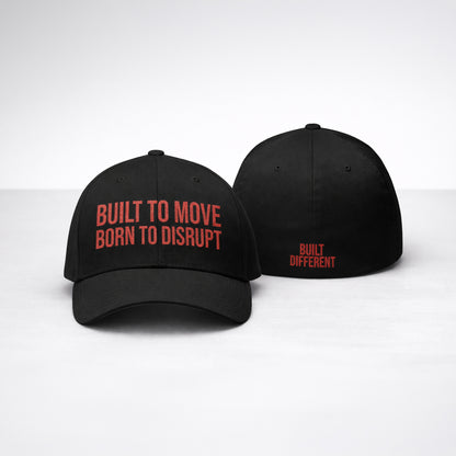 Two black caps with red text on a white background