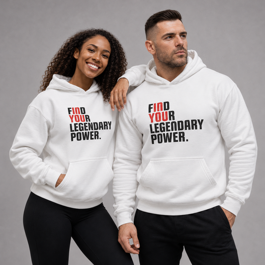 Find Your Legendary Power Hoodie – White (Black & Red Logo)
