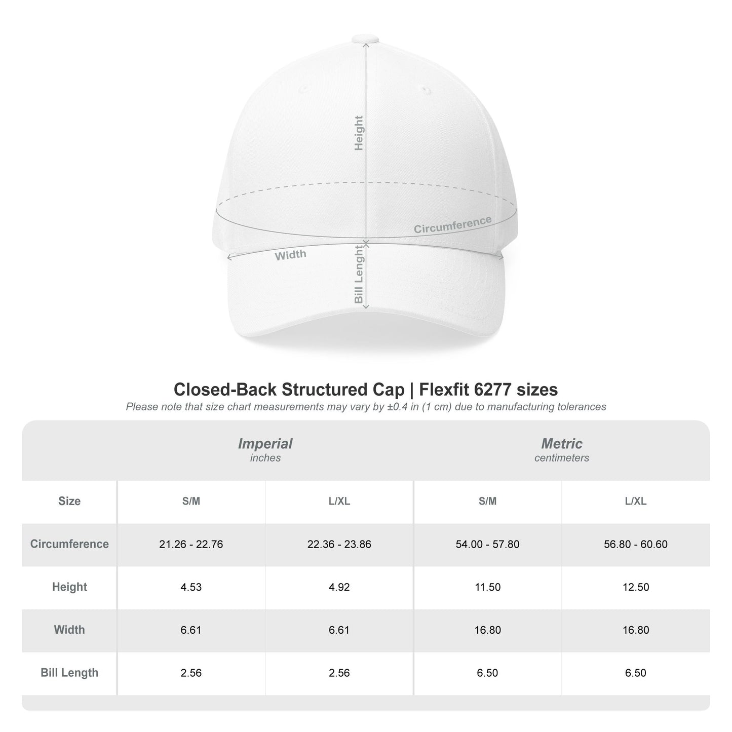 White cap with measurement chart on a white background