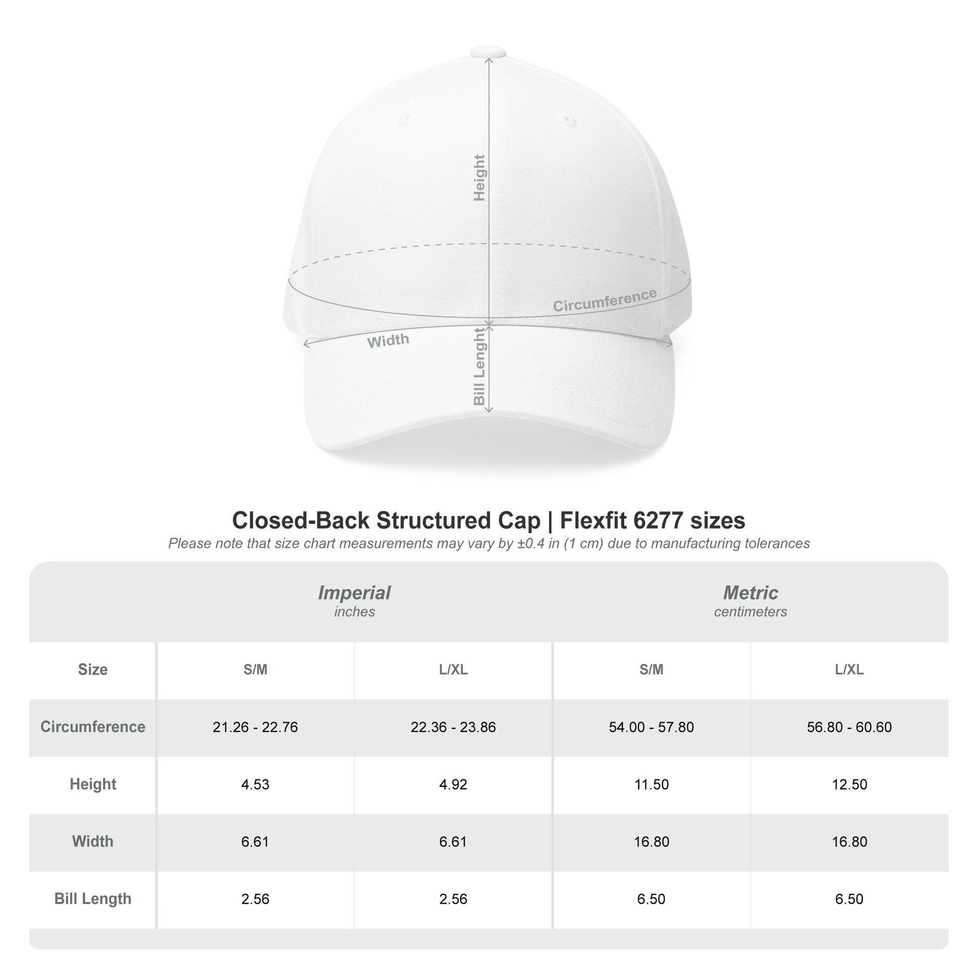 White cap with measurement chart on a white background
