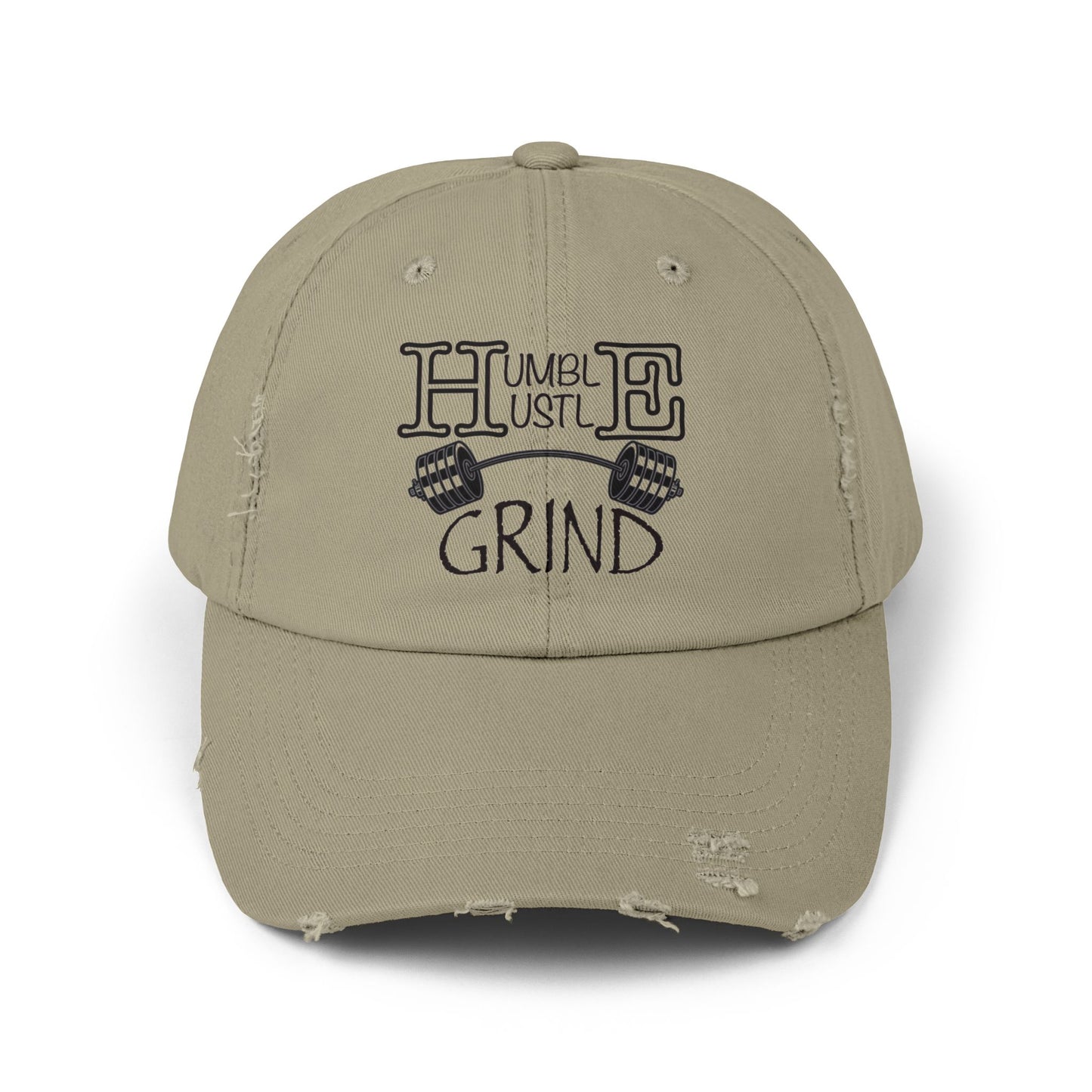 Humble Hustle Grind Barbell Distressed Baseball Cap - Be•Legendary Athletic Apparel