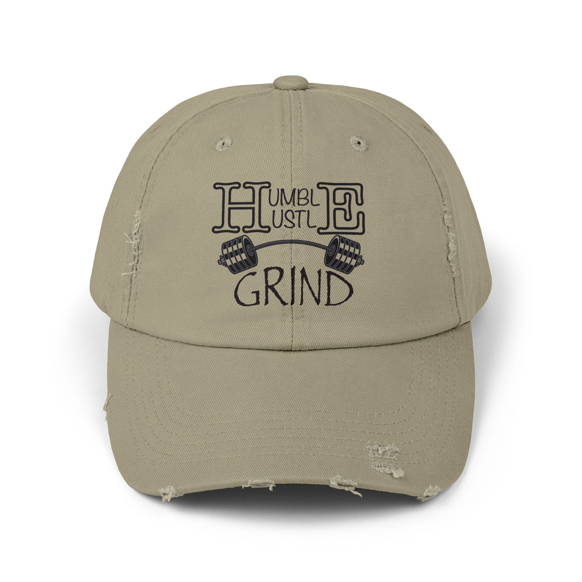 Humble Hustle Grind Barbell Distressed Baseball Cap - Be•Legendary Athletic Apparel