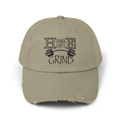 Humble Hustle Grind Barbell Distressed Baseball Cap - Be•Legendary Athletic Apparel