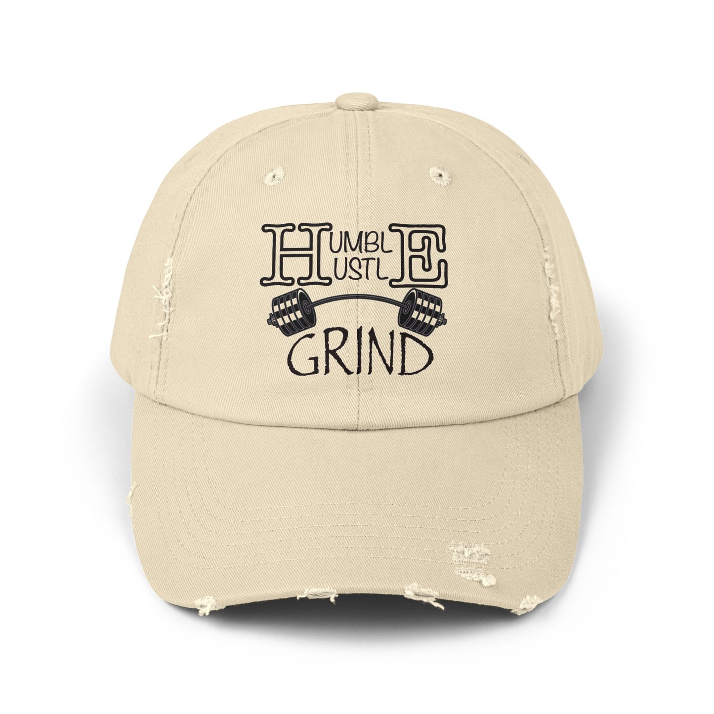 Humble Hustle Grind Barbell Distressed Baseball Cap - Be•Legendary Athletic Apparel