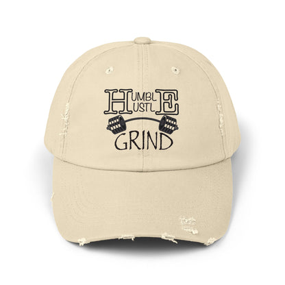 Humble Hustle Grind Barbell Distressed Baseball Cap - Be•Legendary Athletic Apparel
