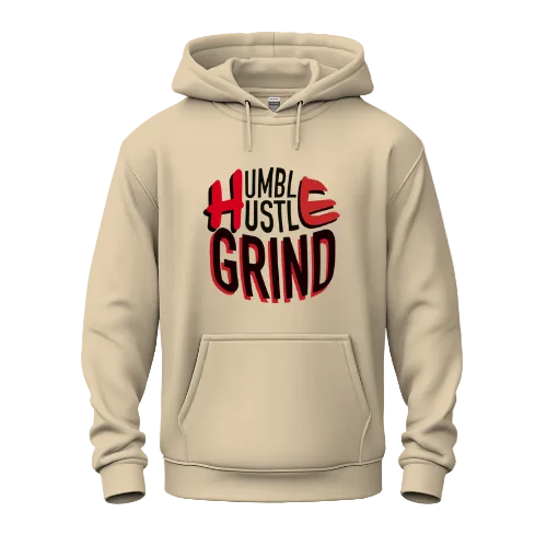 Beige hoodie with 'Humble Hustle Grind' text on a white background