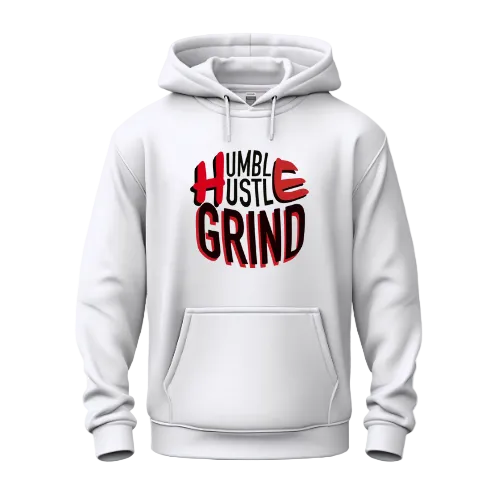 White hoodie with 'Humble Hustle Grind' text in red and black on a white background