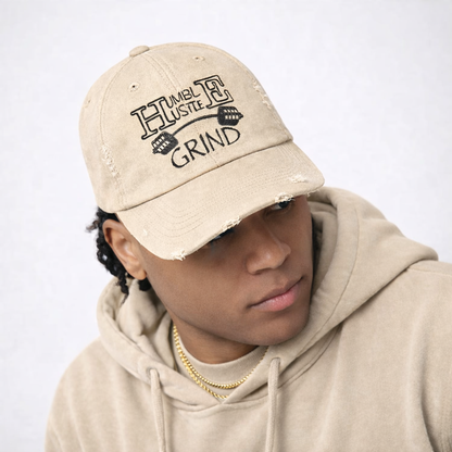 Humble Hustle Grind Barbell Distressed Baseball Cap - Be•Legendary Athletic Apparel