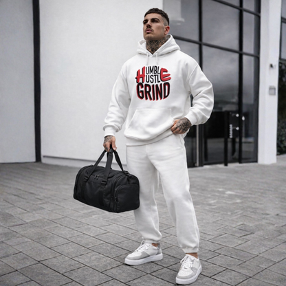 Humble Hustle Grind White Hoodie - Be•Legendary Athletic Apparel
