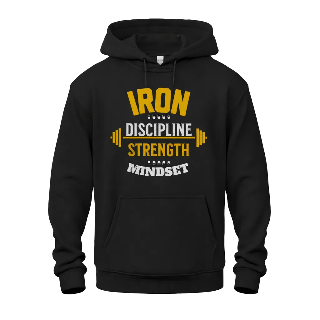 Black hoodie with yellow and white text on a white background