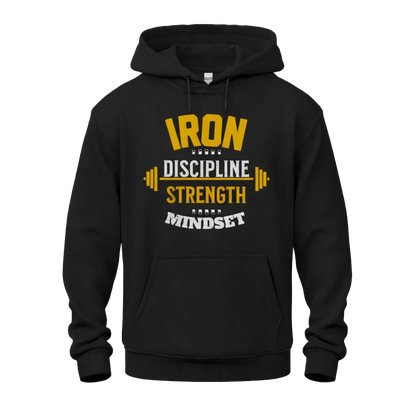 Black hoodie with yellow and white text on a white background