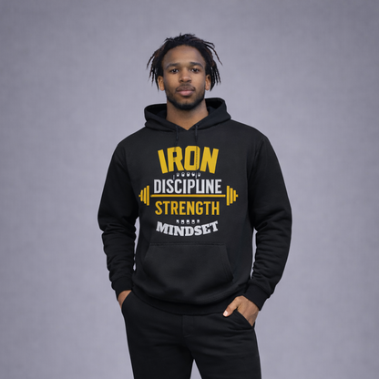 Person wearing a black hoodie with yellow text on a gray background