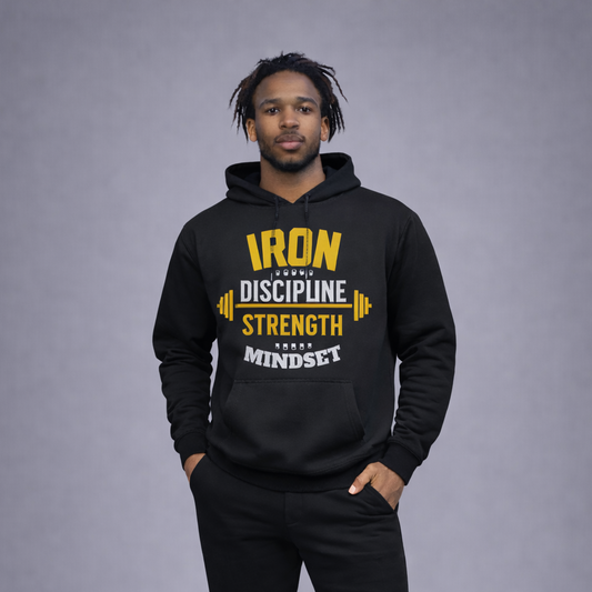 Person wearing a black hoodie with yellow text on a gray background