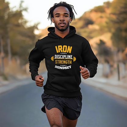 Man running on a road wearing a black hoodie with motivational text.
