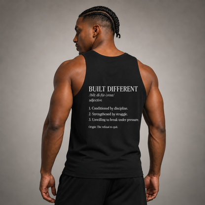Man wearing a black tank top with 'Built Different' text on the back against a gray background
